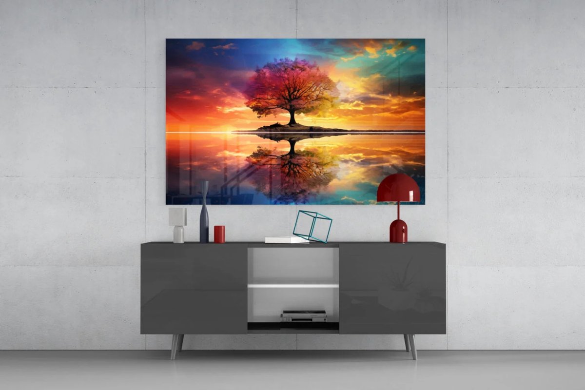 Insigne Art Glasschilderij – Kleurrijke Boom – Reflectie – Zonsondergang – Moderne Wanddecoratie – 72×46 cm Bruin