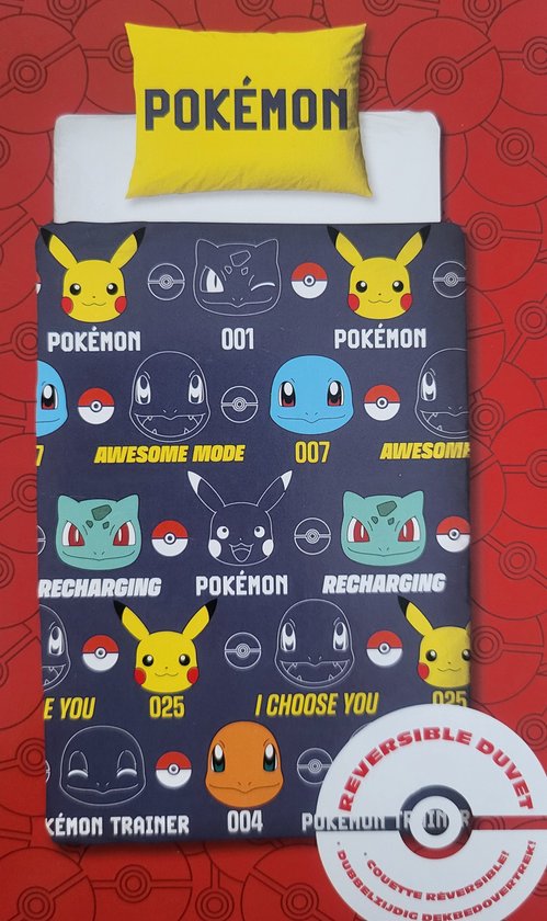 Donkerblauwe dekbedovertrek met het 'Pokemon' logo, Pikachu, Squirtle, Bulbasaur en Charmander.