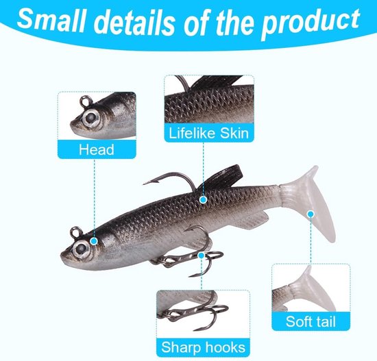 12 stuks - Kunstaas - Visaas - Jerkbaits - Softbait - Crankbaits - Rubberen vis - Kunstaas set - met drie haken, T-staart - voor het vissen op roofvissen zoals snoek, forel, baars en karper - 8 cm van Merkloos — afbeelding 4
