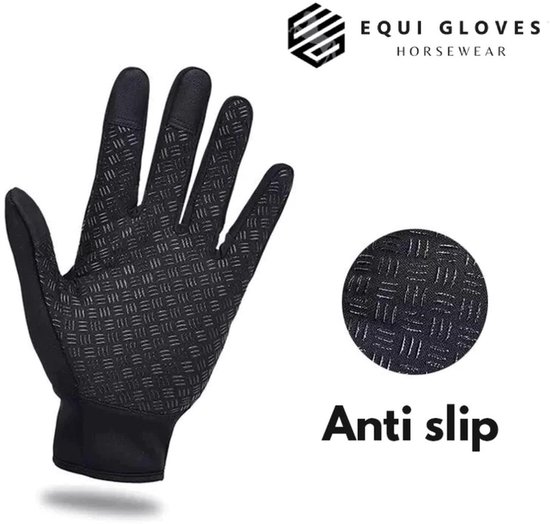 Zwarte antislip rijhandschoen met ruitpatroon op de handpalm en vingers.