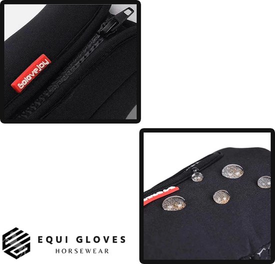 Detailopname van zwarte rijhandschoenen met ritssluiting en waterdruppels. Het logo 'Equi Gloves Horsewear' is zichtbaar.