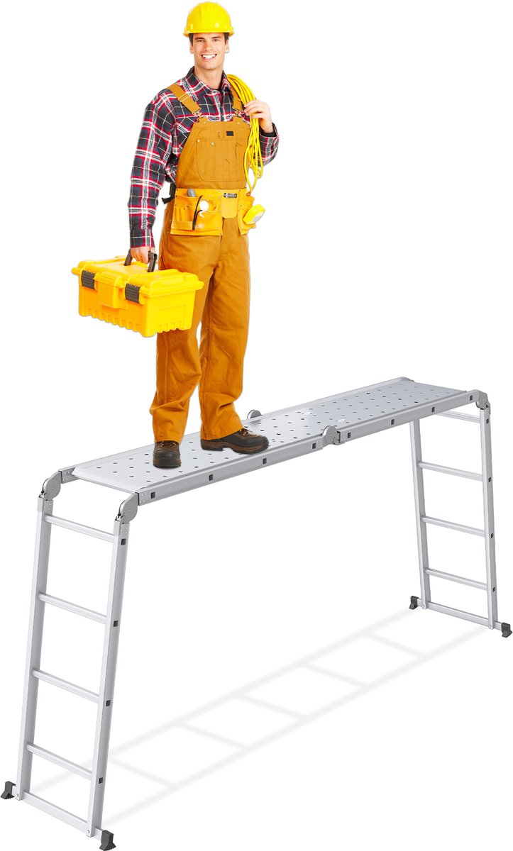 Aufun 6-in-1 Aluminium Ladder - 3,4 m Met Platform - 4x3 Treden - 150 kg Draagkracht