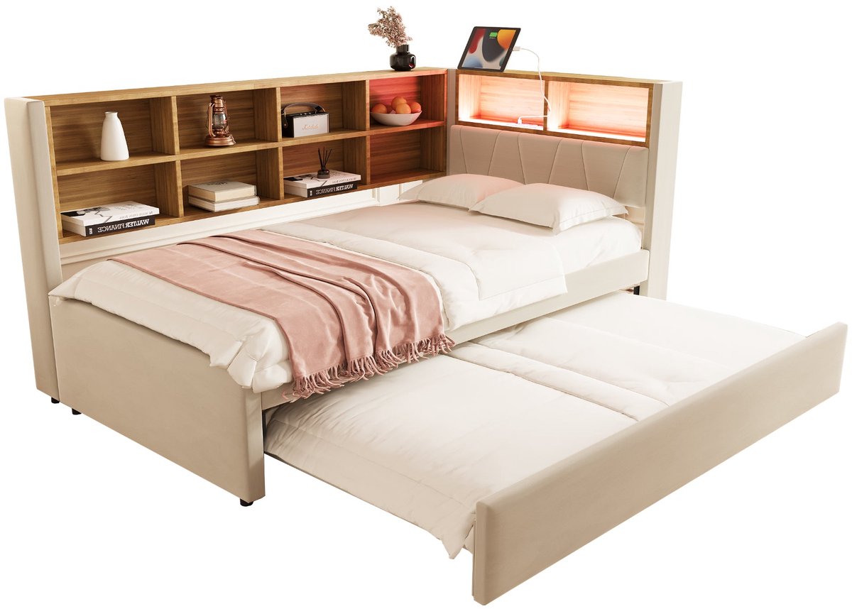Merax Slaapbank 90x200 Logeerbed met Uitrolbed 90x190 LED Verlichting met Afstandsbediening Stopcontacten Opbergruimte Fluwelen Stof Beige