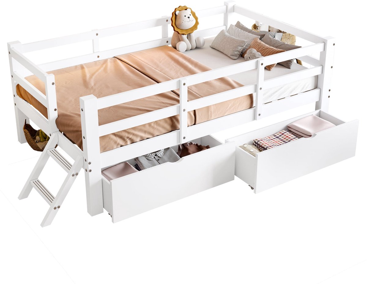 Merax Kinderbed 90x200 – Houten Platformbed – Veiligheidshek – Twee Opberglades – Wit