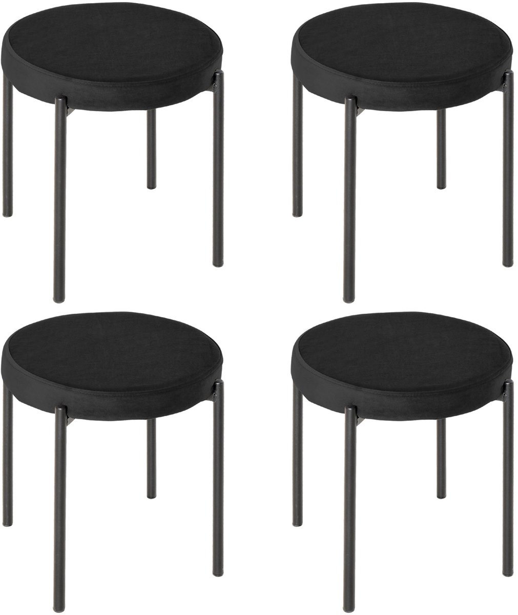Merax 4-Stuks Stapelbare Esszimmerhocker – Rond Gestoffeerd Zitkrukje – Fluwelen Stof – Eetkamer Hocker – Metalen Frame – Zwart – 41.5 × 41.5 × 46 cm