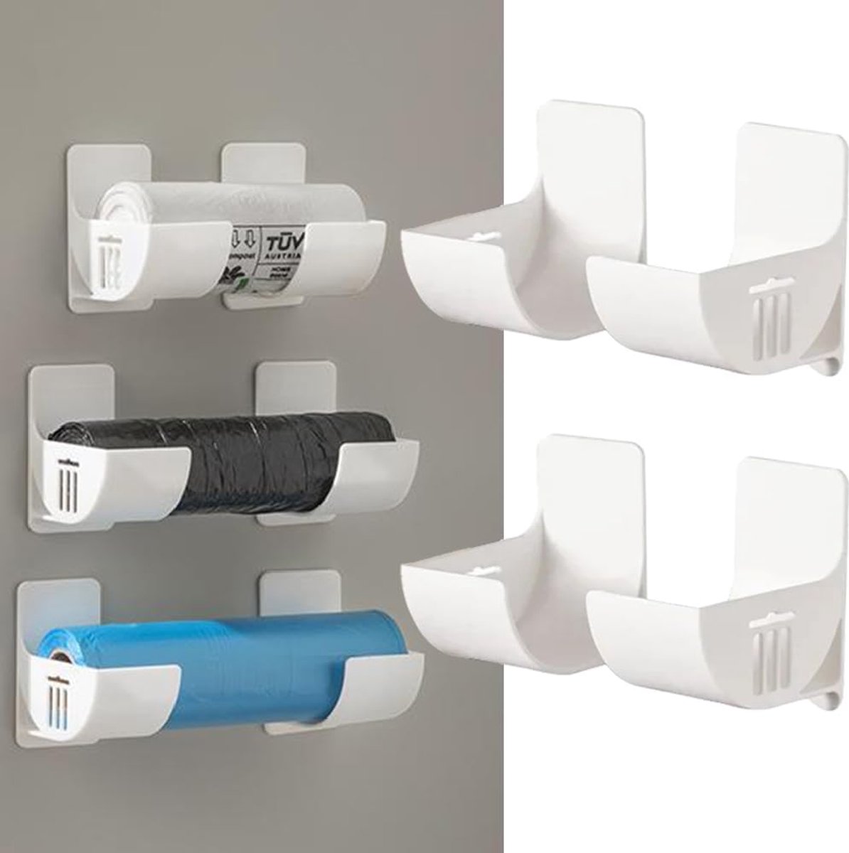 MDUG 4-delige afvalzakdispenser zonder boren - Wit - Houder voor plastic zakken - Wandgemonteerde organizer voor plastic zakken - Houder voor boodschappentassen - Geschikt voor thuisorganisatie, keukenorganisatie en opslag