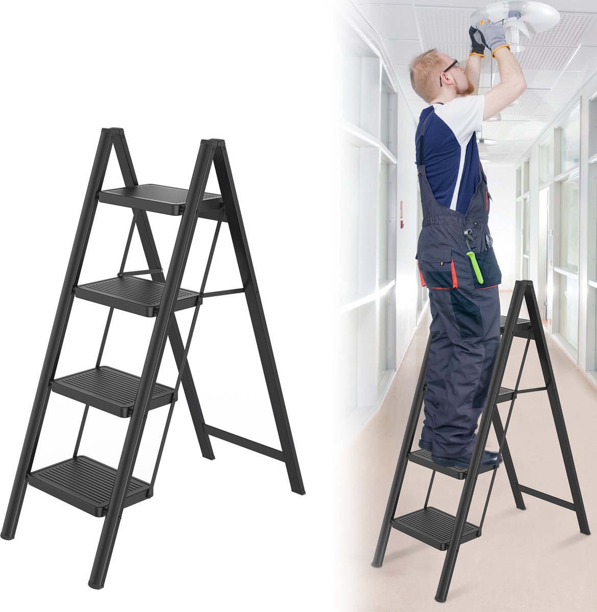 Aufun opvouwbare trap - Antislip trap, 4 treden, ijzeren multifunctionele huishoudtrap, draagvermogen tot 250 kg, voor thuis, keuken en buitenruimtes
