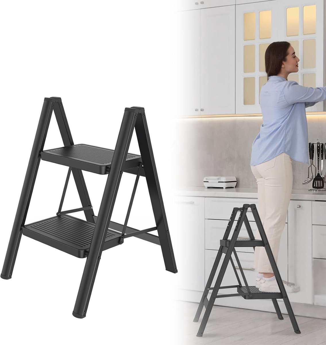 Aufun Opvouwbare trap - 2 treden - Antislip - IJzer - Draagvermogen 250 kg - Voor thuis, keuken en buiten