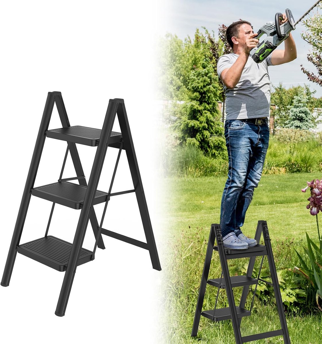 Aufun opvouwbare trap - Antislip 3-treden ijzeren multifunctionele huishoudtrap, draagvermogen tot 250 kg voor thuis, keuken en buitenruimtes