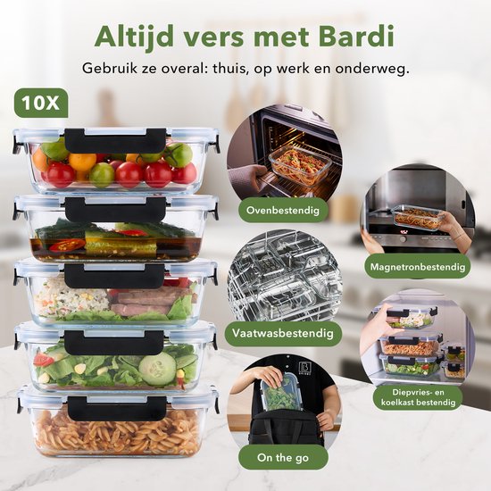 BARDI 10 Delige Glazen Meal Prep Bakjes + 10 Wonderspons - Glazen Vershoudbakjes - Luchtdicht - BPA-vrij - 1060ML + 370ML - Zwarte Clips van BARDI — afbeelding 4