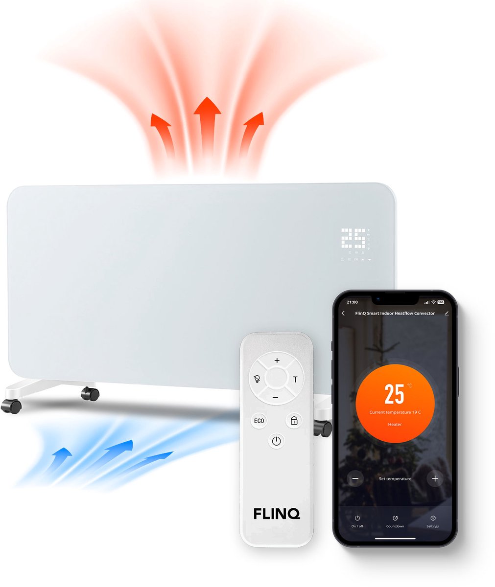 FlinQ Smart Convectorkachel HeatFlow - Elektrische Kachel met WiFi - Verwarming met Thermostaat - Geschikt voor de Badkamer - Ook als Wandkachel - Electrische Verwarmingspaneel met 2000W