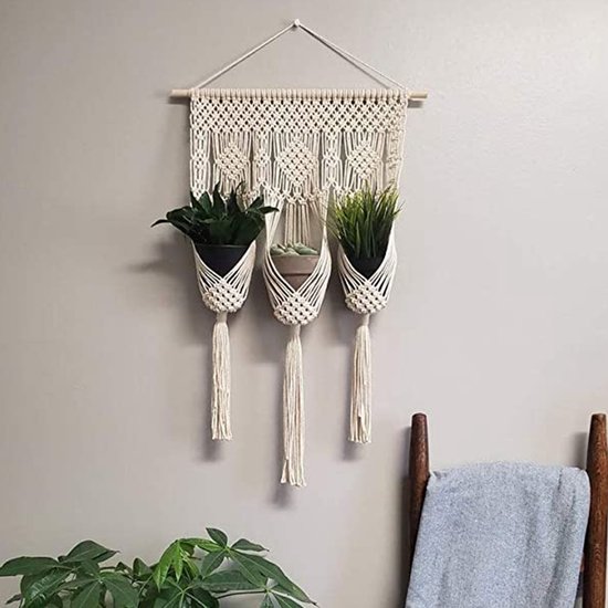 Vilta Life, Suspension pour plantes en macramé - 3 pièces - Pot de fleurs suspendu - Suspension pour plantes, suspension pour pot de fleurs en macramé, guirlande de pots de fleurs, pot de fleurs en macramé, Ecru