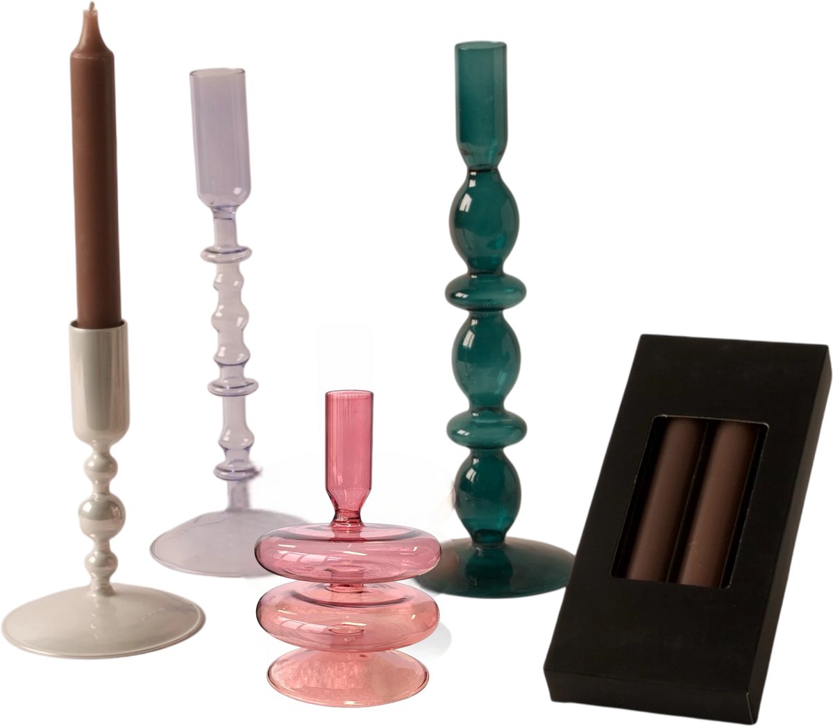 WINQ - Kleurige Kandelaren in diverse Tinten - Inclusief gratis doosje dinerkaarsen (4stuks) -Kandelaren glas - Set bestaande uit 4 stuks – Decoratie woonkamer - Dinerkaarsen