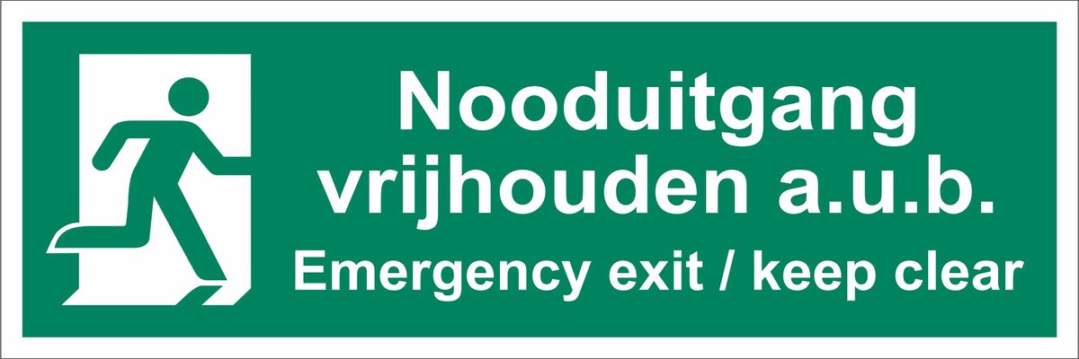 Nooduitgang vrijhouden a.u.b. - Emergency exit keep clear 200x75 mm STICKER (binnen en buitengebruik)