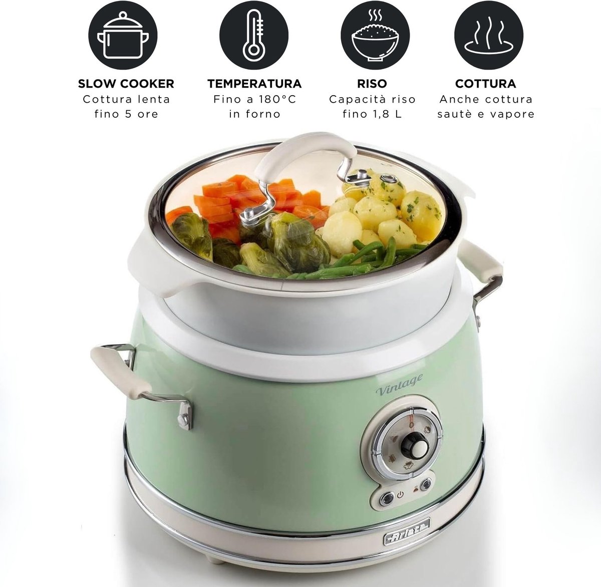 Ariete 2904/04 - Vintage Slowcooker - XL Rijstkoker - 3.5 Liter inhoud - 700 Watt - warmhoudfunctie - Groen thumbnail 2