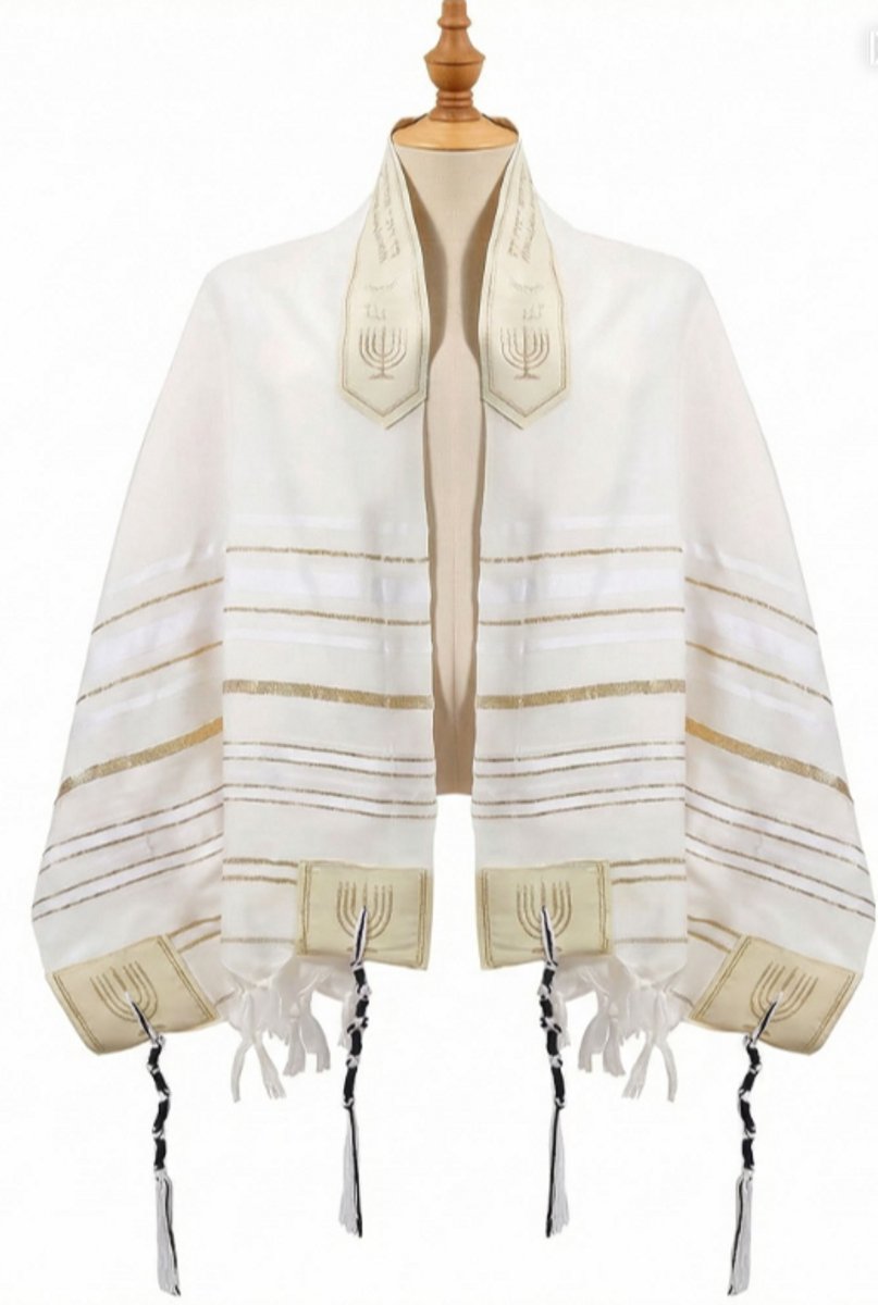 Goud Gestreepte Gebedssjaal -Gevlochten Kwastenshawl-jodendom-joden-Jerusalem-israel-Joodse sjaal-tallit