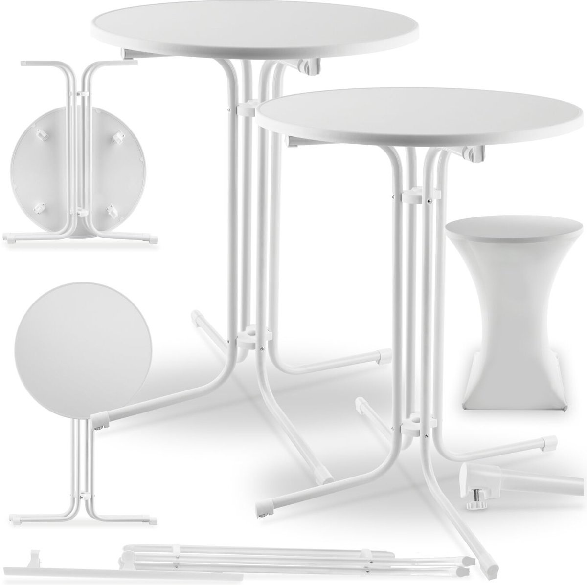 Tectake Statafel - Set van 2 Statafels - Inklapbaar - Ø80 x 110 cm - Bistrotafel - Met Statafelrok - Statafelhoes - Sta Tafel met Hoes - Bartafel - Partytafel - Staantafel met Rok - Wit Wit - Set van 2