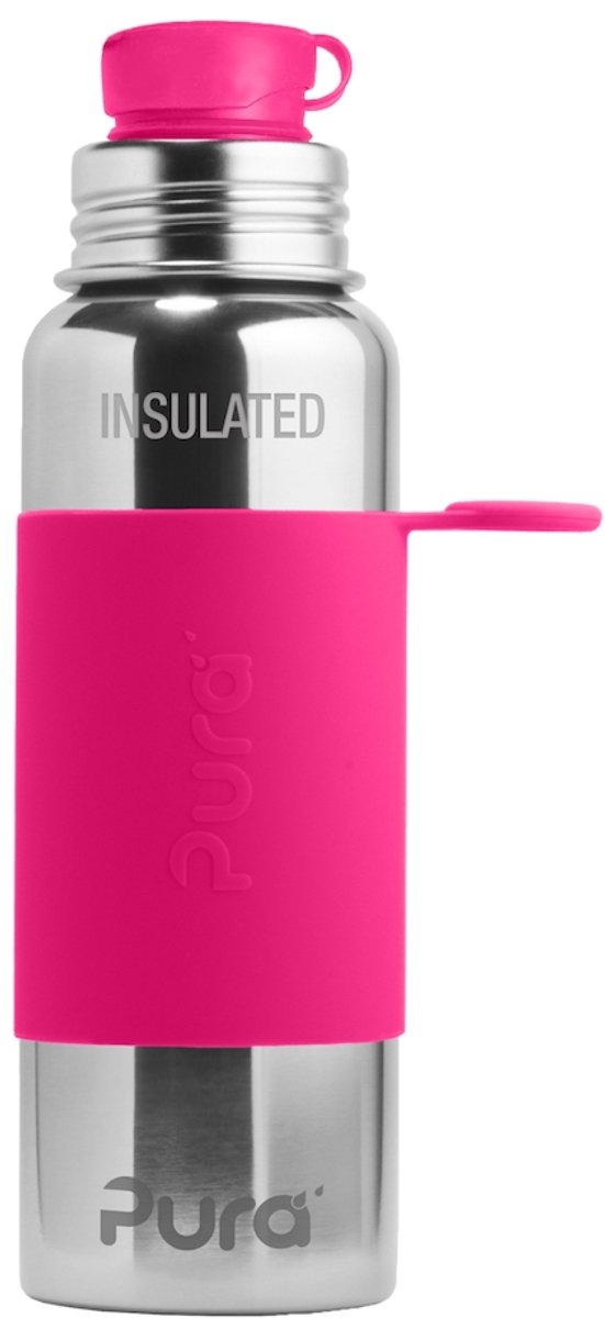 Pura Thermos Sportfles 650 ml - Thermoskan - Thermosbeker - Plasticvrij - Met Dubbele Wand - Inclusief Sportdop en Sportsleeve - Top is Verwisselbaar - Pink