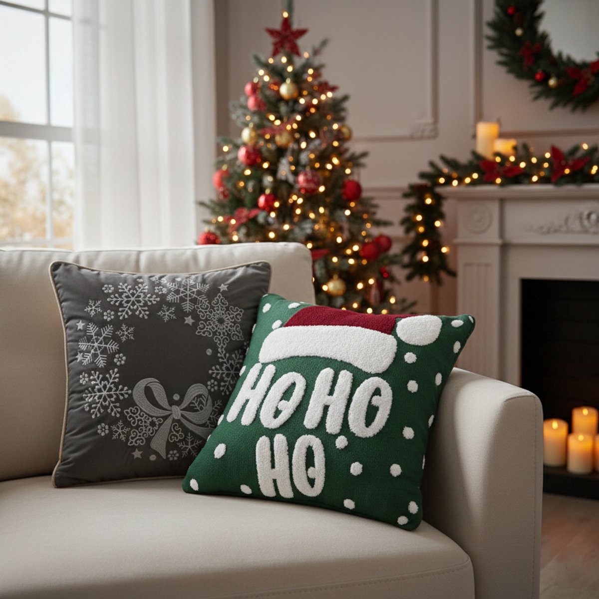 Urbane Hide | Set van 2 Kerst Kussenhoezen | Kussenhoes | Kussenhoesjes | Christmas | Katoen | 45x45 cm | donkergrijs & donkergroen | Zonder binnenkussen