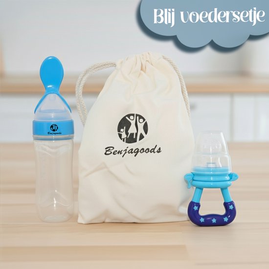 BenjaGoods Baby knijpfles en fruitspeen - Baby flessen - speen - Baby bestek - Knijpfles - Lepel - fruitspeen - Blauw van BenjaGoods — afbeelding 2