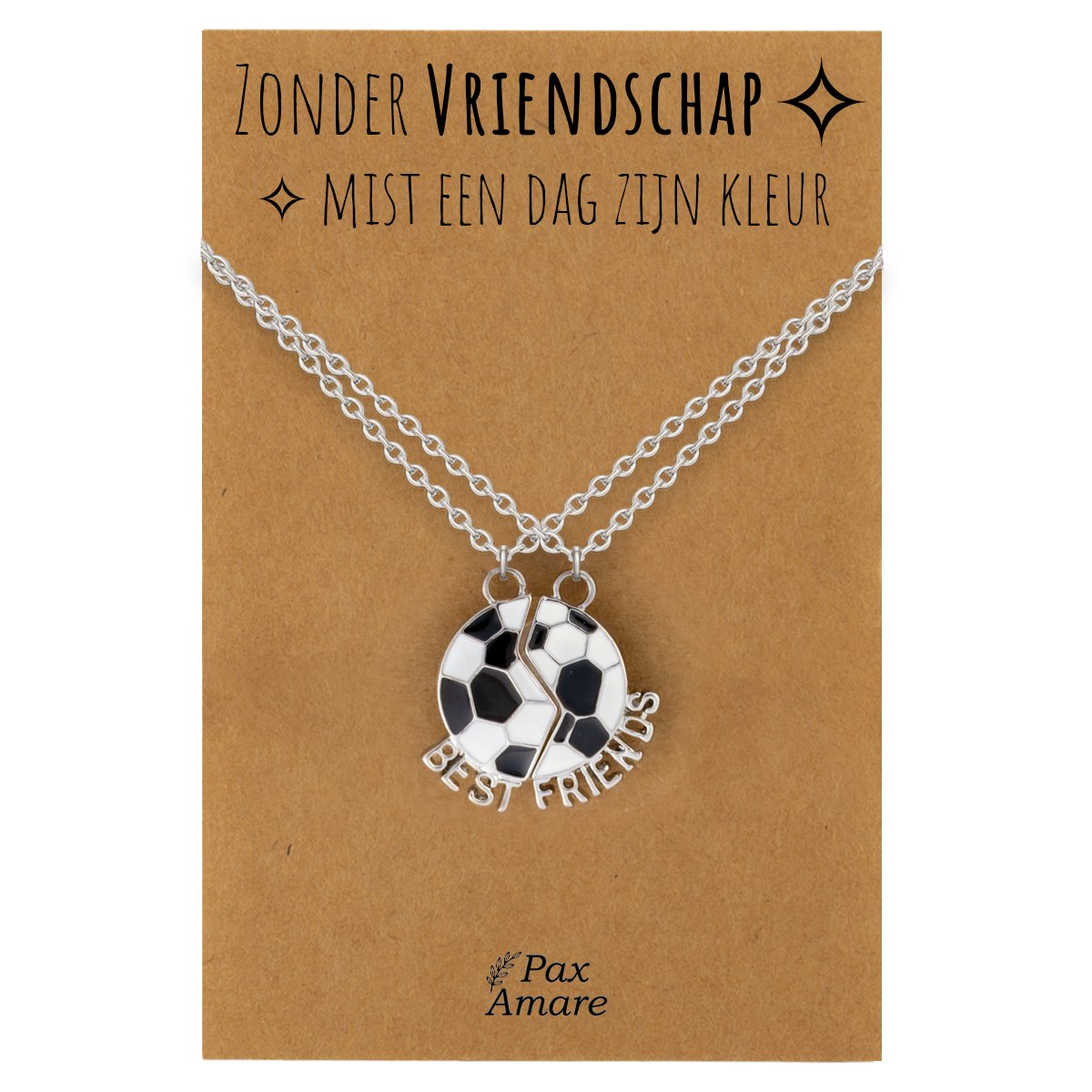 BFF Ketting voor 2 'Zonder Vriendschap mist een dag zijn kleur' - Magnetische Voetbal - Vriendschapsketting op Cadeau Kaartje - 45cm + 5cm verstelbaar - Zilverkleurig - Best Friends Hanger - Pax Amare