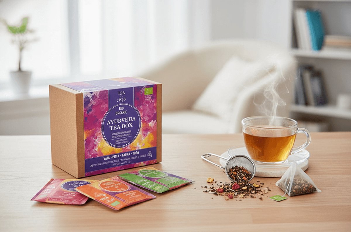 Ayurveda Tea Box – 4 biologische Ayurvedische theesoorten (Vata, Pitta, Kapha & Yoga Tea) – kruiden giftset – balans & ontspanning – 28 piramidetheezakjes