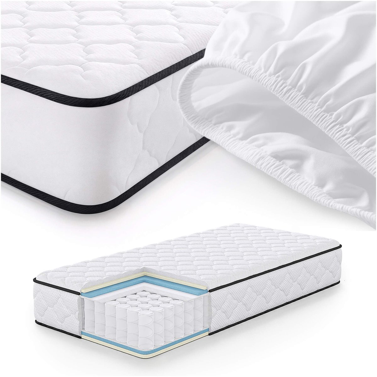 Akord Springs Matras met Beschermer 90x190 cm / Spring Pocketveringmatras / Binnenveringsmatras / Pocketvering met 7 Comfortzones / Afneembare waterdichte tijk / H3 Hardheid Wit