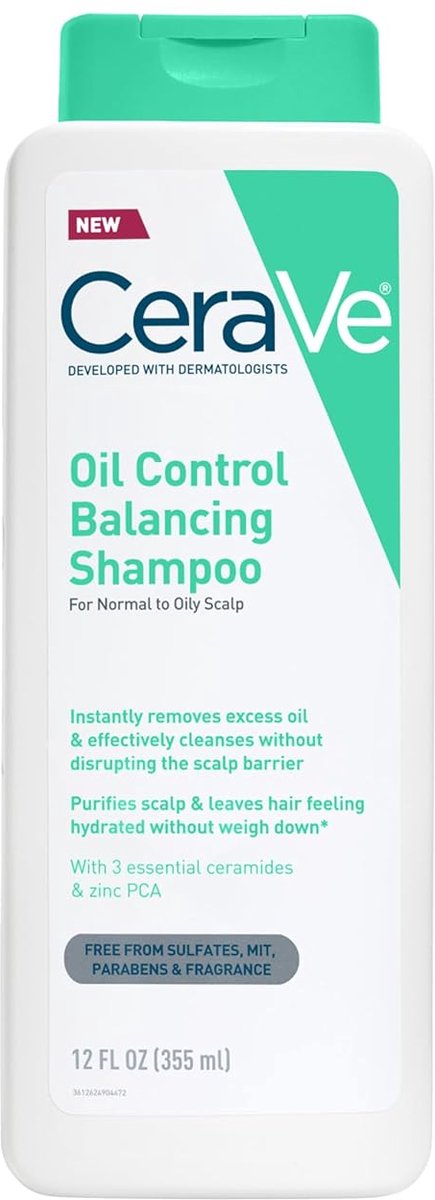 CeraVe Oil Control Balancing Shampoo – (355 ml) - Zuiverende & balancerende shampoo met ceramiden en hyaluronzuurVerwijdert overtollige olie zonder uit te drogen – Sulfaatvrij en kleurveilig