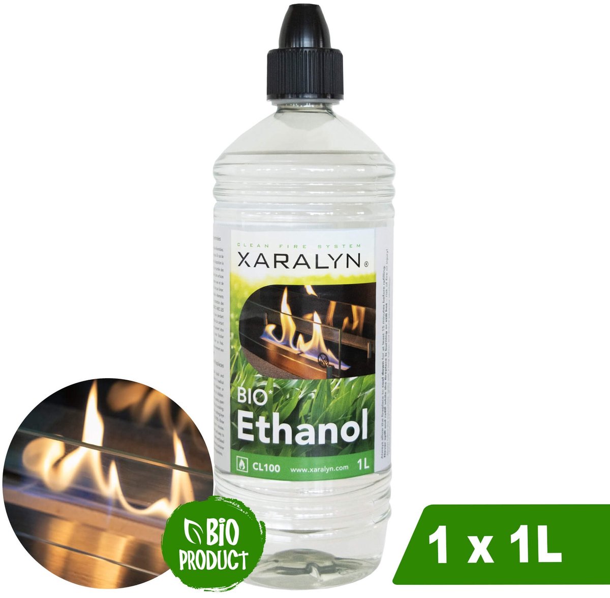 Xaralyn Bio-ethanol CL100 (1 Liter) - 100% puur bio ethanol - Gele vlam - Geen toegevoegde geur - Vloeibare ethanolbrandstof voor binnenhaarden en tafelhaarden