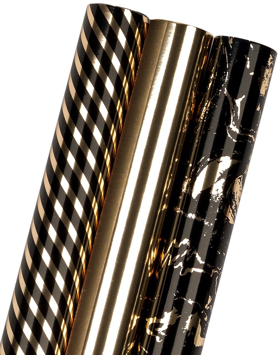 IMPERATORIS® Cadeaupapier - Inpakpapier - Perfect voor Alle Feestelijke Gelegenheden - Party Design - Duurzaam - Verjaardag - Zwart-Gouden - 3 Rollen
