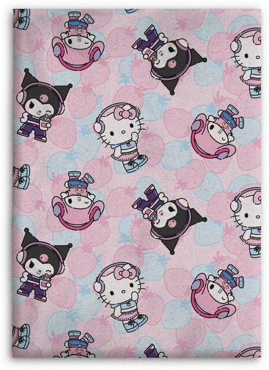 Roze deken met een patroon van Hello Kitty en Kuromi met koptelefoons, zittend en staand, op een achtergrond met witte, roze en blauwe stippen.