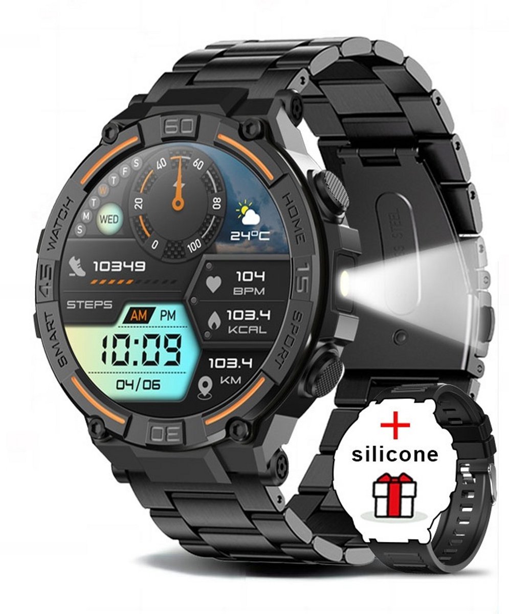 Knobbout 1.52" (3.8cm) Schokbestendig Sport Smartwatch - Zijwaartse LED-verlichting-Bloeddrukmeting, hartslag monitoring en bloedzuurstof (SpO₂)-controle- Bluetooth belfunctie - Sedentaire herinnering-Sedentaire herinnering-Zwart stall+ siliconenband