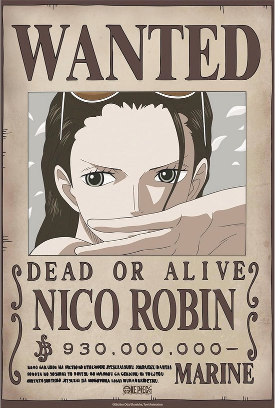GEZOCHT poster van Nico Robin, met haar hoofd en schouders in beeld. Ze heeft lang bruin haar en draagt een bril op haar hoofd. Haar beloning is $930.000.000.