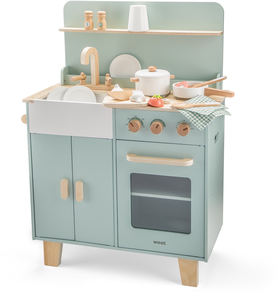 Woet® Houten Speelgoed Kinderkeuken Mint Groen - Speelkeukentje met Pannen, Servies, Groente en Snijplank - Houten Speelkeuken - Werkbladhoogte 55 cm - Rollenspel - Vanaf 3 Jaar — afbeelding 2