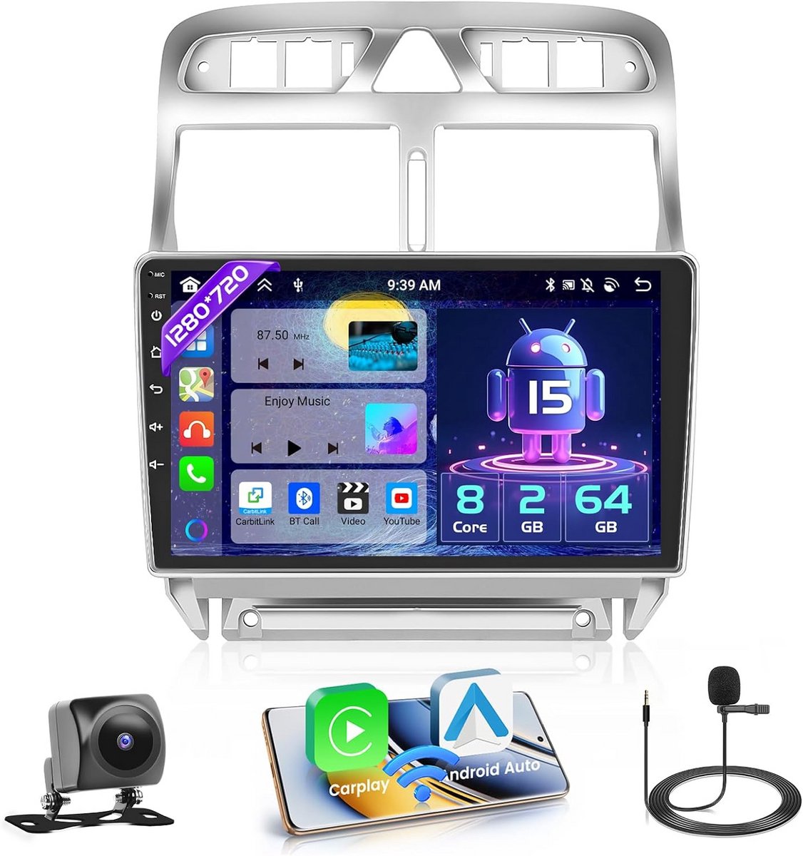 Android 13 Autoradio met Draadloos Carplay en Android Auto voor Peugeot 307 SW CC - 9 Inch Touchscreen, Bluetooth, GPS en WiFi
