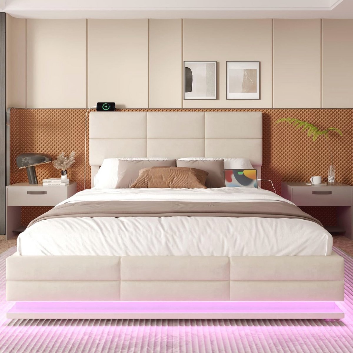 Modern Bed 140 x 200 cm met Verstelbaar Hoofdeinde, USB-Aansluiting en LED-verlichting