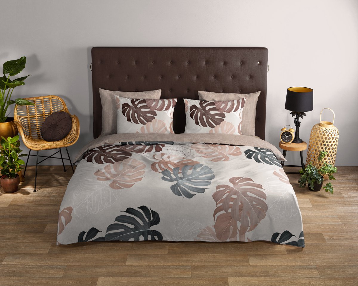 Good Morning dekbedovertrek grote bladeren van de gatenplant - Lits jumeaux 240x200/220 cm - Zand - 100% Katoen renforce