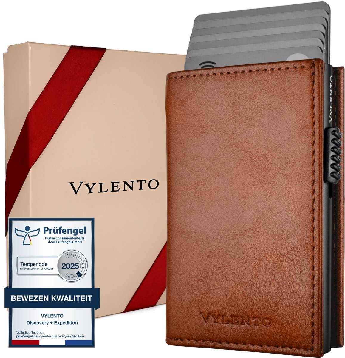 Vylento Discovery - Premium Pasjeshouder Uitschuifbaar - RFID Kaarthouder Mannen & Vrouwen - 10 pasjes - Muntvak met Rits en Geldvak - Inclusief Luxe Vaderdag Cadeaubox - Bruin