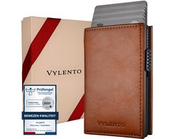 Vylento Discovery - Premium Pasjeshouder Uitschuifbaar - RFID Kaarthouder Mannen & Vrouwen - 10 pasjes - Muntvak met Rits en Geldvak - Inclusief Luxe Vaderdag Cadeaubox - Bruin