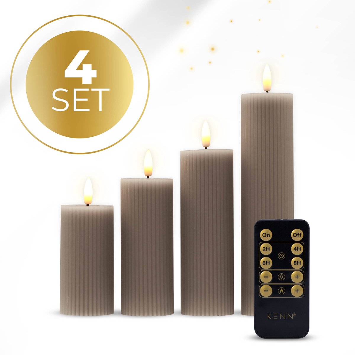KENN 3D LED Stompkaarsen - Set van 4 - Geribbeld Design - Met Afstandsbediening - Echt Wax - Realistische Vlam - Horeca Kaarsen - LED Kaarsen Op Batterijen - Wax LED Kaarsen - Kerstverlichting - Nep Kaarsen (Geribbeld) Taupe