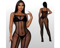 Plus Size Transparante Bodystocking met Open Kruis - Zwart - Erotische Lingerie - One Size L-XL (40-42) | LS031