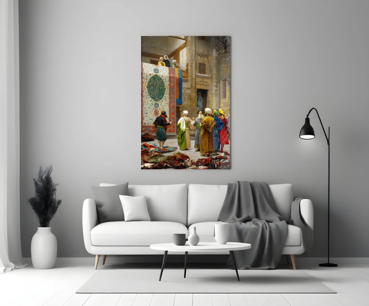 Glasschilderij – Oosterse Tapijtmarkt – Kunst op Glas - 90x60 cm