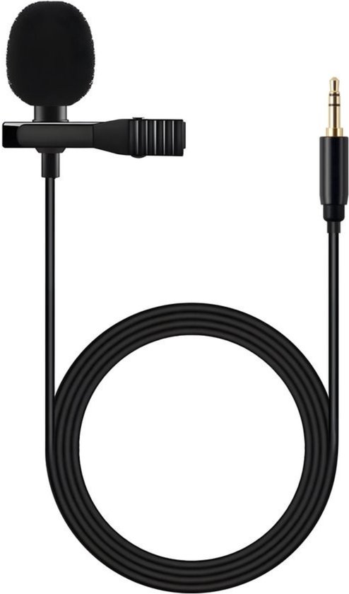 Zwarte dasspeldmicrofoon met 3 meter kabel en 3.5 mm jackplug, de kabel is netjes tot een cirkel gevouwen.