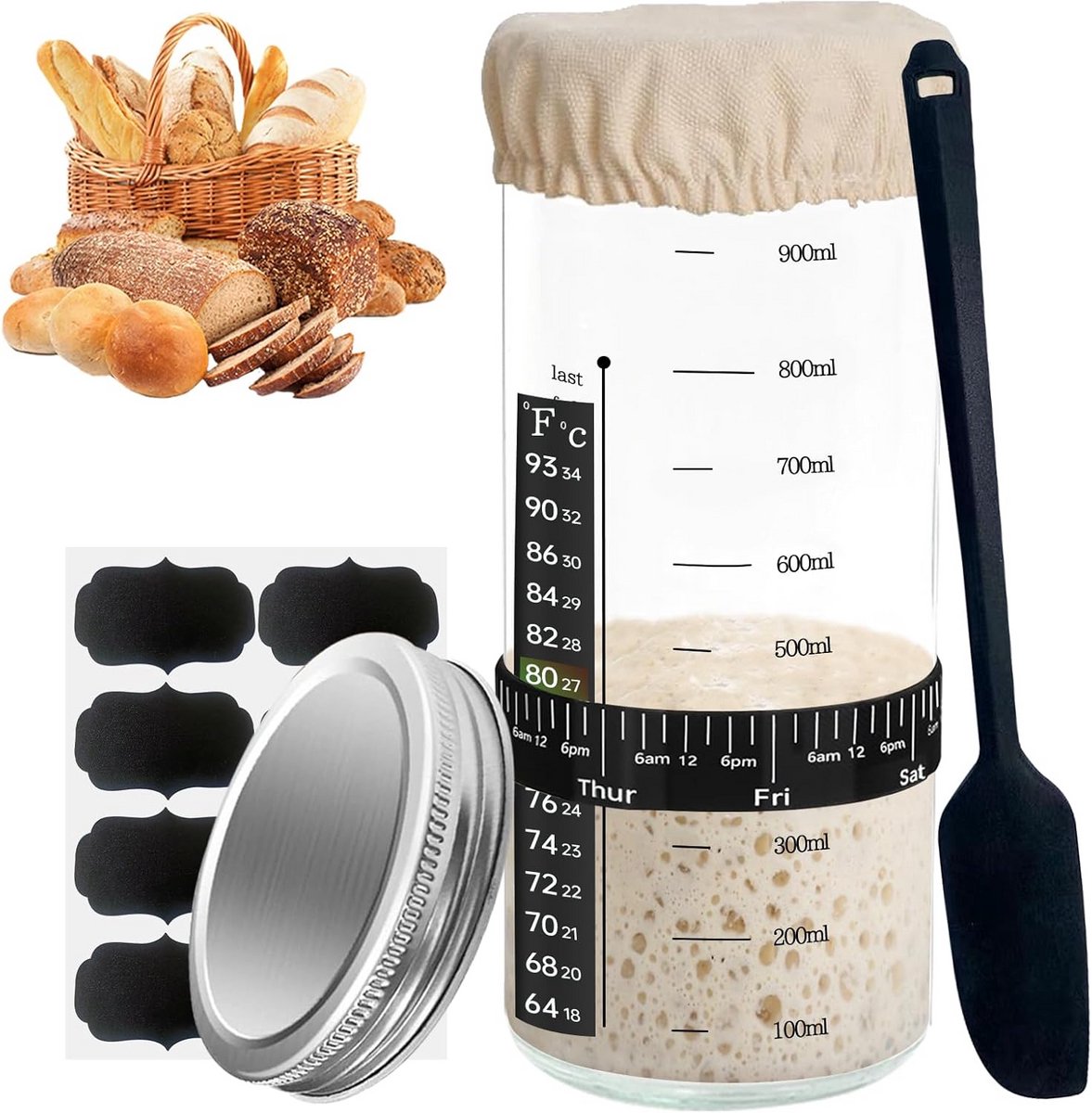 Zuurdeeg Starterset - 1000 ml Glazen Pot met Deksel en Accessoires