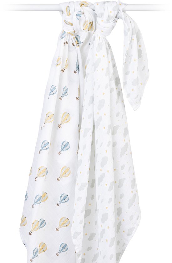 Lulujo - hydrofiele doek - swaddle - katoen - 100x100 cm - 2-pack - Hot Air Balloon van Merkloos — afbeelding 3