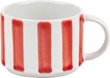 Wit koffiekopje met verticale rode strepen.