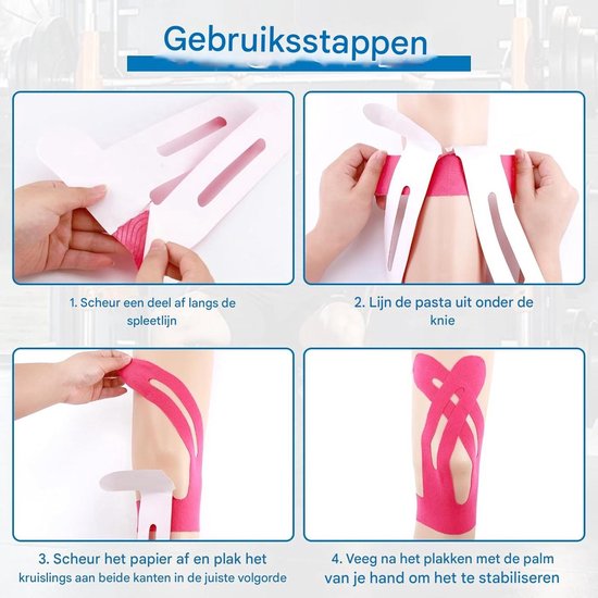 Vier stappen voor het aanbrengen van roze sporttape op een knie.