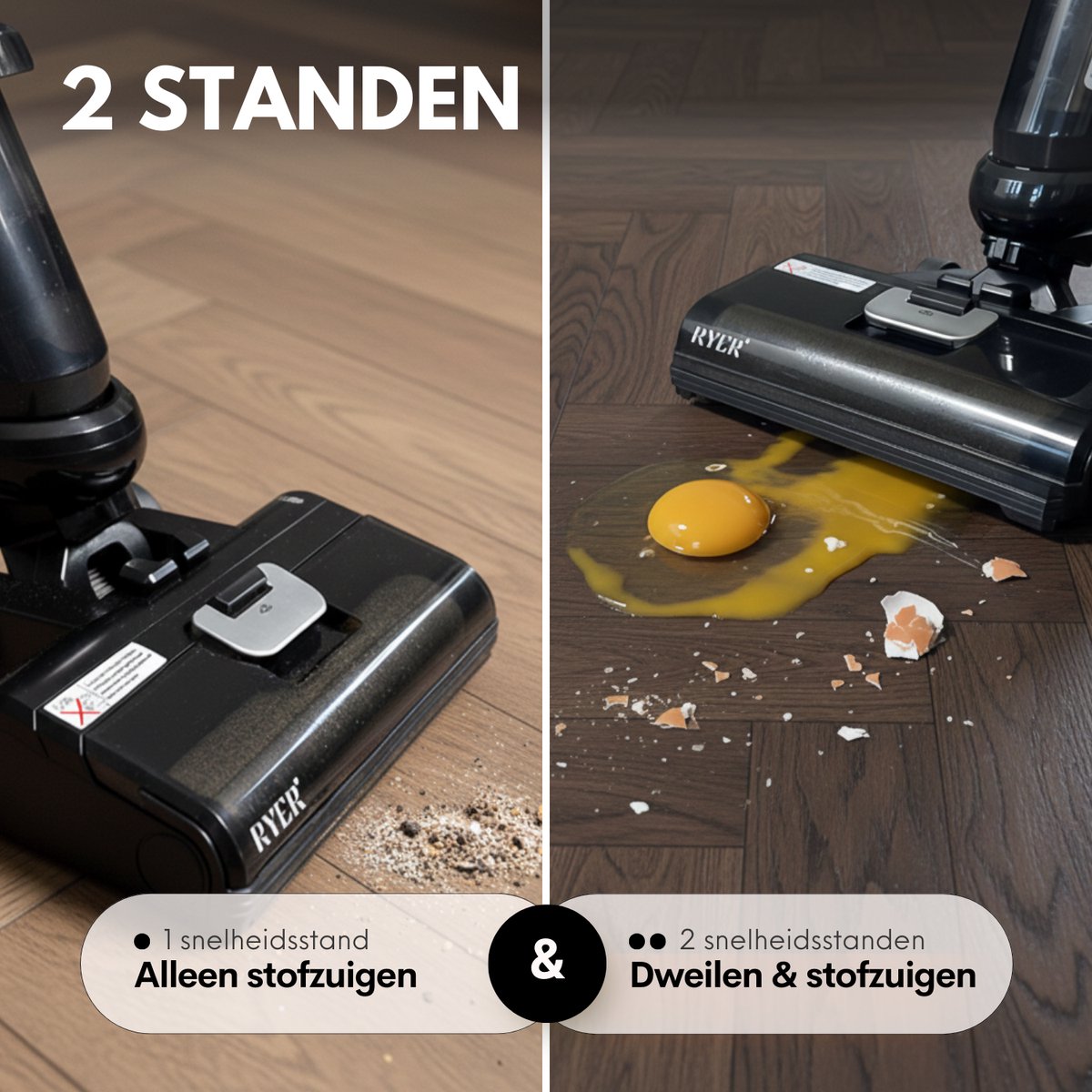 RYER DualForce Vloerreiniger - Draadloze Stofzuiger & Dweil in 1 - Nat & Droog Reinigen - Zelfreinigend - 3 Snelheden - Zelftrekkende werking - 35 min Accuduur - Twee-Tank Systeem - Lichtgewicht — afbeelding 3