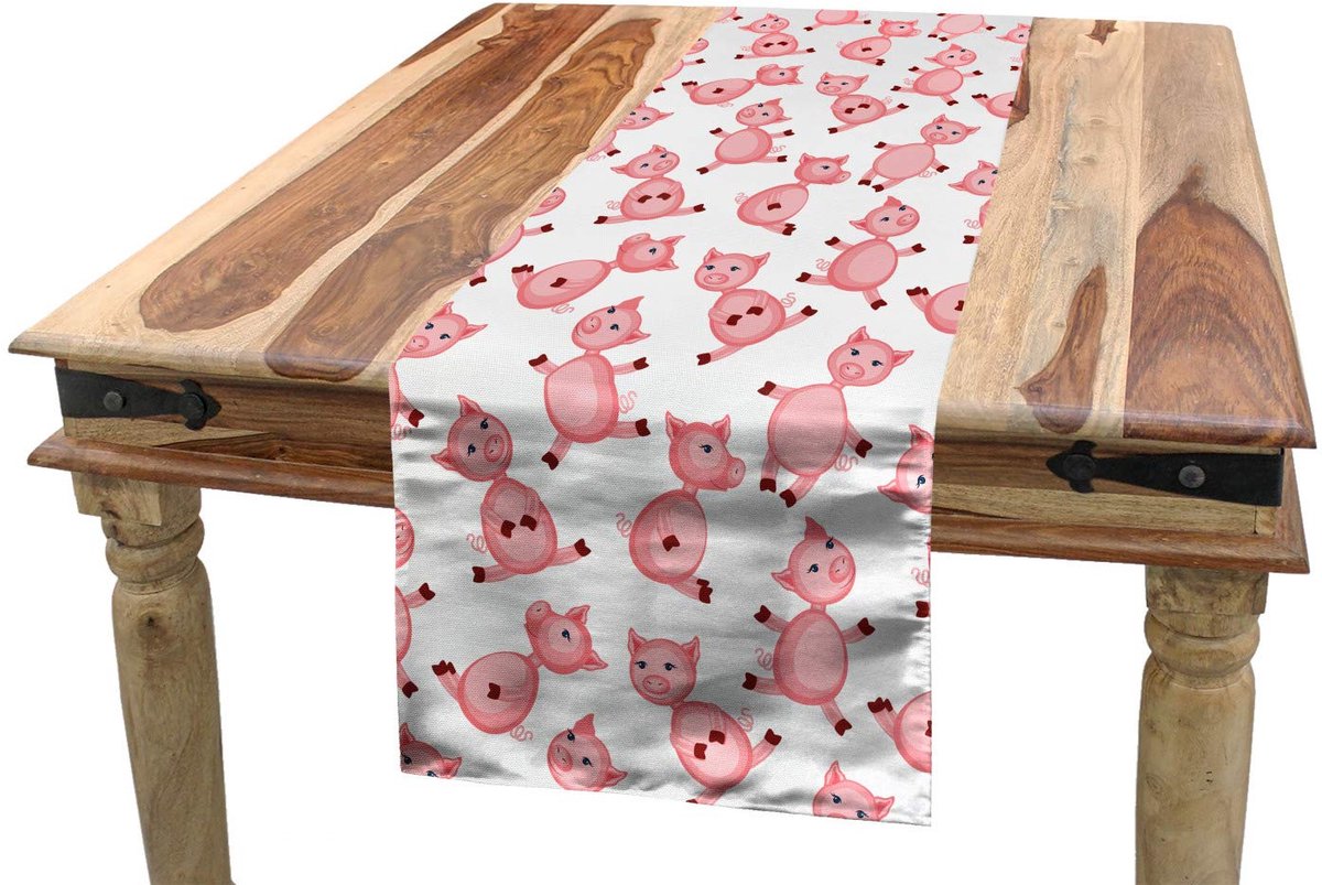 ABAKUHAUS Tafelrunner – Cartoonvarken – 40x180 cm – lichtroze/wit
