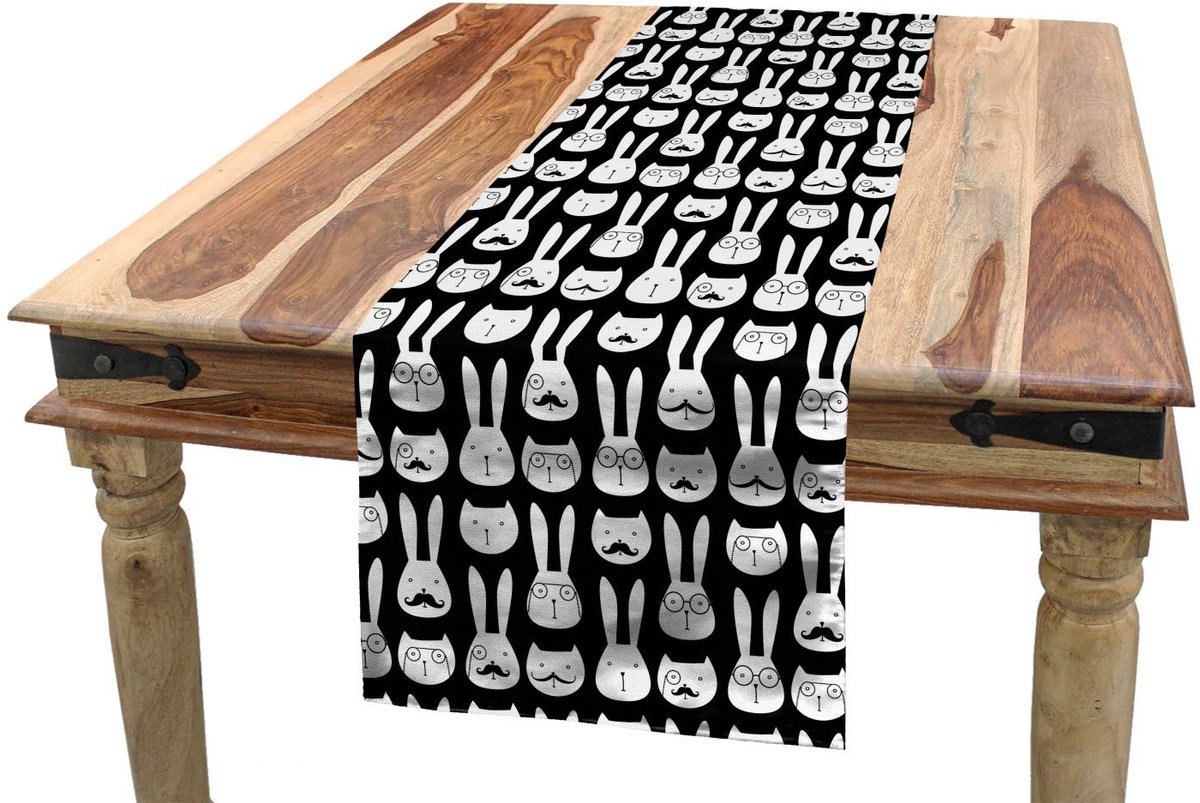 ABAKUHAUS Hipster-tafelloper – 40x180 cm – zwart-wit, polyester, met de hand genaaide randen